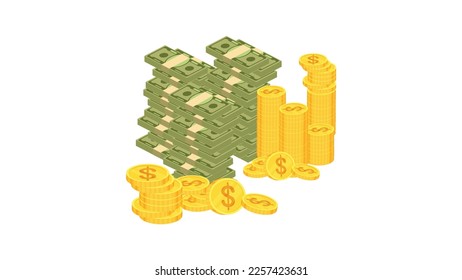 Huge packs of paper money. Bundle with cash bills. Keeping money in bank. Deposit, wealth, accumulation and inheritance. Flat vector cartoon money illustration. Objects isolated on a white background.