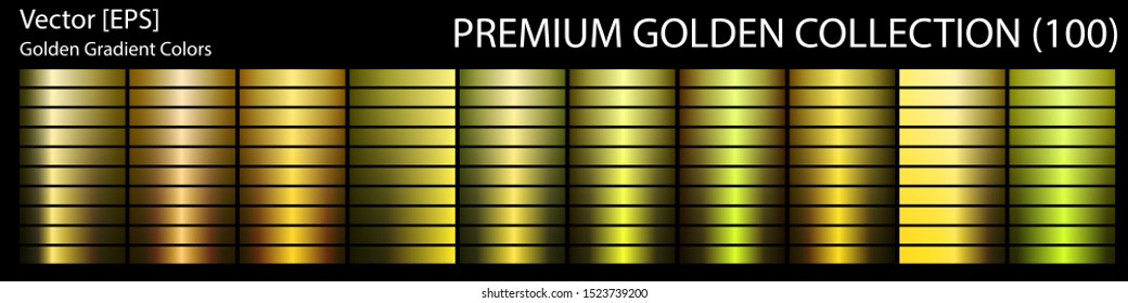 Huge palette with 100 golden gradients with many gold categories. Big set of vector gradients collection. Metallic, rose, silver, yellow, silver, dark, bright, Tyrol and Turkish shades of gold.