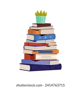 Huge paper books stack with home plant above. Big pile of fictions, thick novels. Cute houseplant standing on heap of literature. Reading sticker. Flat isolated vector illustration on white background