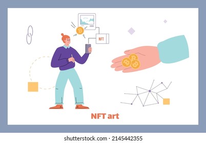 Huge people hand gives bitcoins to NFT artist flat style, vector illustration isolated on white background. Cryptocurrency concept, digital art, non-fungible tokens