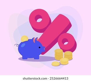 Huge percentage mark and piggy bank with coins. Shopping, finance, sale, discount, income, savings, advertising concept. Vector illustration can be used for poster or banner design