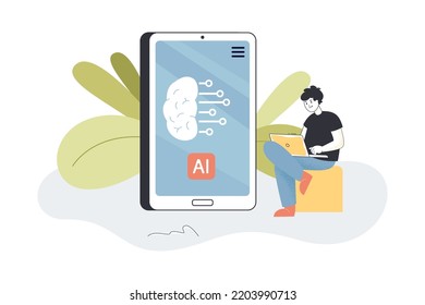 Huge phone with AI sign on screen flat vector illustration. Tiny man sitting and working on laptop. Artificial intelligence, future, machine concept for banner, website design or landing web page