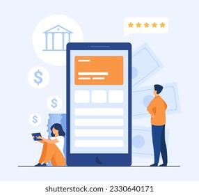 Großes Telefon mit Banking-App auf Bildschirm, Vektorgrafik. Cartoon Zeichnung der Online-Banking-Service-Anwendung, glückliche Frau mit App on Tablet. Mobile Banking, Payment, Technologiekonzept