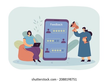 Huge phone and female user with laptop checking online reviews. Adult woman holding megaphone flat vector illustration. Customer feedback, technology concept for banner, website design or landing page