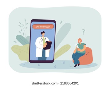 Huge phone with online doctor on screen and tiny patient. Medical consultation or appointment via Internet flat vector illustration. Technology, medicine concept for banner or landing web page