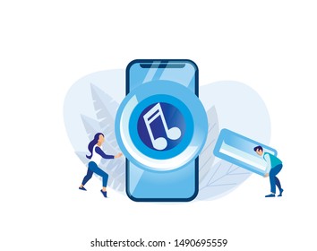 Huge Phone Screen with Audio Player and People Characters Uploading Tracks. Man Holding Big Flash SD Card. Woman Using Music Application. Flat Cartoon Vector Illustration with Foliage Design