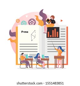 Huge physics textbook and micro characters in class, vector illustration. Teacher pointing at book, students sitting at desks and using tablets. Digital school, online learning, distance education.