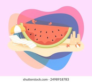 Huge piece of watermelon on beach. Chaise longue, umbrella, sand castle, ball flat vector illustration. Summer, traveling, rest concept for banner