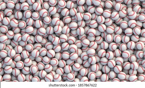 Enorme pila de fondo de pelotas de béisbol. Muchas pelotas blancas de béisbol con puntas rojas en una pila. Antecedentes vectoriales realistas