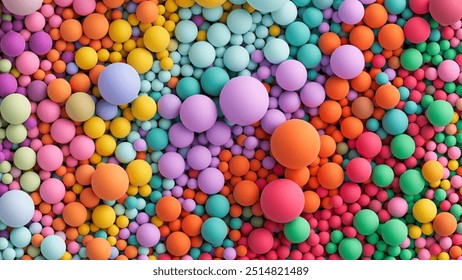 Enorme pila de bolas suaves mate de colores en diferentes tamaños y tonos brillantes. Fondo con muchas esferas aleatorias grandes y Pequeñas de colores. Plano yacía con un montón de orbes de diferentes colores. Vector de fondo