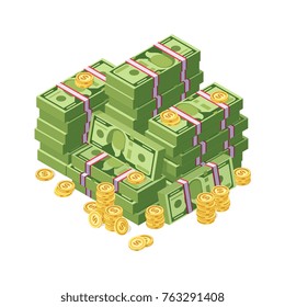 Huge Pile Of Dollar Cash Money And Golden Coins Vector Illustration. Finance Cash Stack Money Banknote And Golden Coins