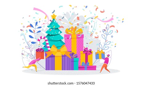 Huge pile of gift boxes with Christmas Tree. Anniversary, celebration. Greeting card for Merry Christmas and Happy New Year. Illustration for flyer and booklet, brochure and website.