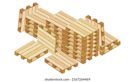 Huge pile of isometric pallets in stacks and many near lying and stand leaning for packaging and transportation isolated on white background. Vector illustration.