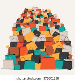 Enorme pila de bolsas de compras. Vector EPS 10