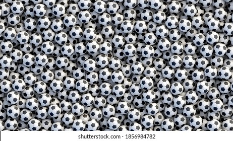 Huge pile of soccer balls background. Heap of classic black and white soccer balls. Realistic vector background