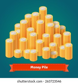 Huge pile of stacked gold coins. Flat style vector illustration. 