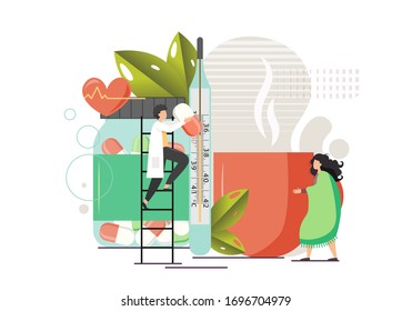 Huge pills bottle, cup of hot tea, thermometer for body temperature, micro doctor treating patient woman got the flu, vector flat illustration. Influenza disease viruses treatment, sick patient care.