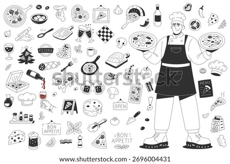 Huge pizza doodle pack with chef and kitchen elements for branding