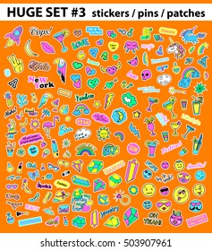 Huge pop art set with fashion patch, badges, stickers, pins, patches, quirky, handwritten notes collection. 80s-90s style. Trend. Vector illustration isolated. Vector clip art