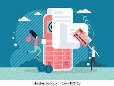 Huge pos terminal with receipt, micro male and female characters making purchases using credit card, vector flat style design illustration. Contactless payment, complete transaction, payment terminal.