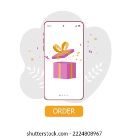 Huge present box in smartphone screen. Online shopping concept in mobile app. Ordering gifts online from home. Flat vector illustration.