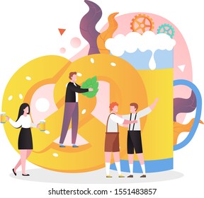 Huge pretzel and beer mug, happy male and female characters talking to each other, holding hops and beer mugs, vector illustration. Oktoberfest celebration composition for web banner, website page etc