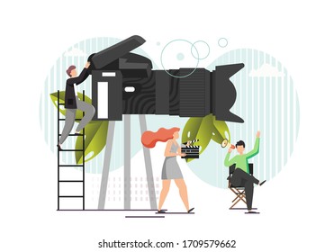 Huge professional video camera and micro characters film crew shooting movie, vector flat illustration. Videographer, director, girl with clapperboard making film. Cinema industry, movie production.