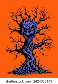 A huge purple haunted monster tree vector illustration for halloween isolated on orange background