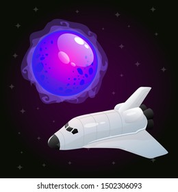 Huge purple shining planet and a white spaceship flying passed it