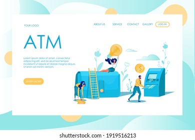 Huge Purse and Step Ladder Leading to Its Top. Woman Sitting on It with Lightbulb. Her Friend Picking Up Golden Coins. Man with Plastic Card Using Automated Teller Machine. Landing Page, Copy Space.