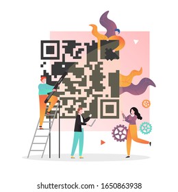Huge QR code for smartphone scanning and characters, vector illustration. Barcode verification, QR generator online concept for web banner, website page etc.