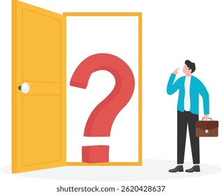 Huge question mark blocks the entrance of businessman door,

