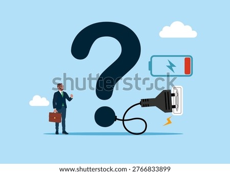 The huge question mark feeds electricity. Restoration is underway. Not enough energy to work at full potential and motivation. Curiosity explore unknown, search for solution or new business opportunity, seek for success. Flat vector illustration. 