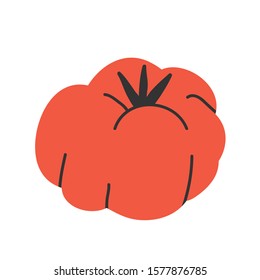 Huge raf red tomato. Brandywine or cavern sort. Simple vegetable ingredient drawing, vector isolated modern illustration, icon or logo for farming market or menu, colorful cartoon doodle.