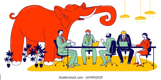 Huge Red Elephant Trumpet Inside of Modern Office with Business People Characters Sitting at Board Meeting Having Conversation. Concept of Unsolved and Avoided Problems. Linear Vector Illustration