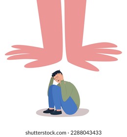 huge red hands press on the unfortunate person. emotional pressure concept