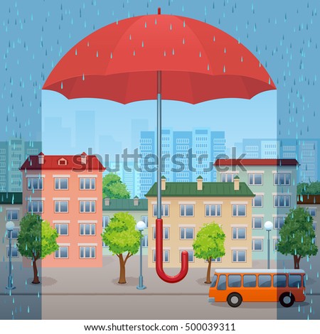 the huge red umbrella protects the city from a rain
