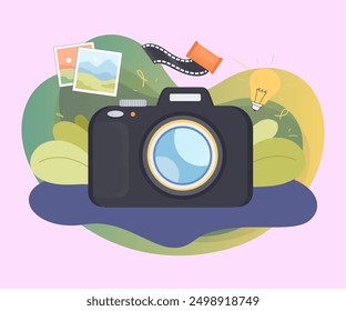 Huge retro camera for taking pictures. Film, photos of landscapes, lightbulb flat vector illustration. Photography, memory concept for banner, website design or landing page