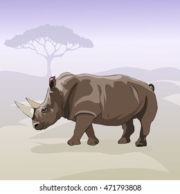 Huge rhino walking the savanna. African animal with a horn on the nose. Realistic characters, stylized the background on the theme nature. Vector illustration.