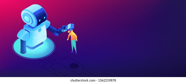 Huge robot lifting businessman by the collar and holding him. Human-robot interaction and cooperation, workplace automation, robot takeover concept. Isometric 3D banner header template copy space.