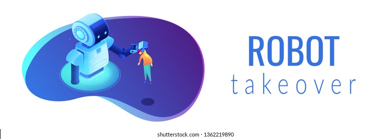 Huge robot lifting businessman by the collar and holding him. Human-robot interaction and cooperation, workplace automation, robot takeover concept. Isometric 3D banner header template copy space.