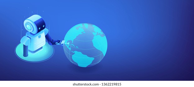Robot enorme tocando el globo terrestre con el dedo. Red de robótica, exposición internacional de robots, cuarta revolución industrial y concepto de ai. Espacio de copia de la plantilla de encabezado de banner 3D isométrico.