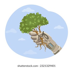 Enorme ilustración de un árbol vectorial rota a mano robótica. Dibujo de caricaturas de IA como peligro para la naturaleza, carácter robot causando daño al ecosistema. Medio ambiente, ecología, inteligencia artificial, concepto futuro