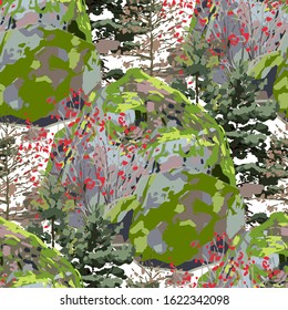 Huge rock, covered with moss, surrounded by coniferous trees and berry bushes. Vector repeated seamless pattern