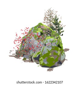 Huge rock, covered with moss, surrounded by coniferous trees and berry bushes. Vector natural illustration isolated on white background