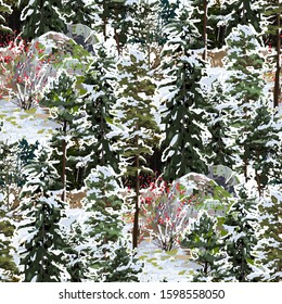 Huge rocks, surrounded by coniferous trees and berry bushes, covered with the snow. Winter design. Vector repeated seamless pattern