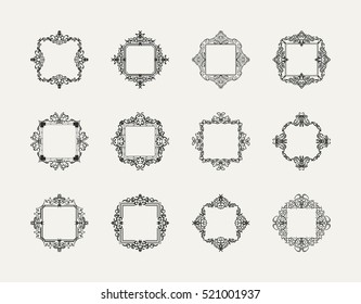 A huge rosette wicker border collection in vector, vintage text, certificate and page decoration in advertising. Business flourish signs and classic logo. Motifs frames and ornate elements.