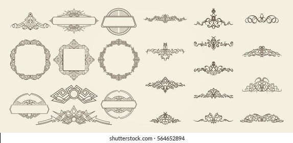 A huge rosette wicker border collection in vector. Yellow vintage text, certificate and page decoration in advertising. Business flourish signs and classic logo. Motifs frames and ornate elements.