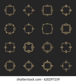 Huge rosette wicker border collection in vector. Yellow vintage text, certificate and page decoration in advertising. Business flourish signs and classic logo. Motifs frames and ornate elements.
