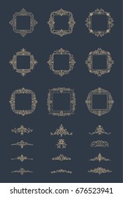 Huge rosette wicker border collection on blue. Yellow vintage text, certificate and page decoration in advertising. Business flourish signs and classic logo. Motifs frames and vector ornate elements.
